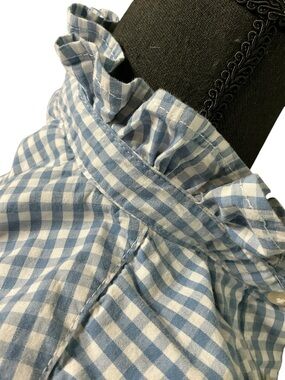 Ruffle-Collar Upcycled Button Front Shirt for Kids 6-7 Gingham Checks
